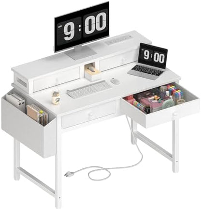Lufeiya Small White Kids Desk with Fabric Drawers for Bedroom, 32 inch Vanity Makeup Desk with Drawers Storage for Home Office, Writing Study Table with Power Outlet & Monitor Stand, White