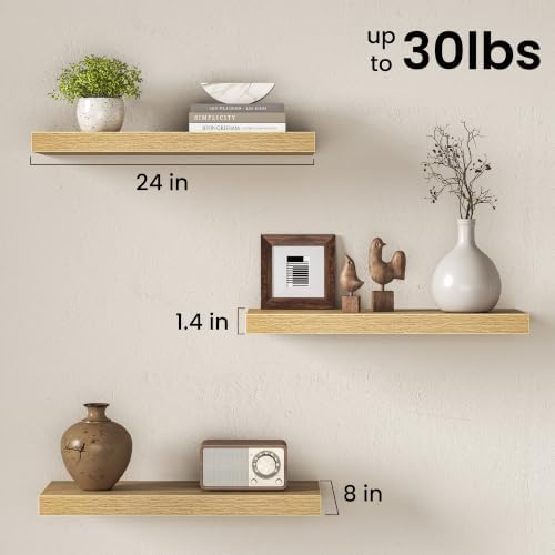 Floating Shelves for Wall, 24 Inch Floating Shelves Set of 2, Wall Mounted Rustic Wood Shelf for Bathroom, Living Room, Bedroom and Kitchen, Hanging Shelf for Storage, Books, Home Decor, Oak