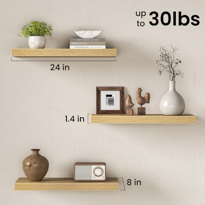 Floating Shelves for Wall, 24 Inch Floating Shelves Set of 2, Wall Mounted Rustic Wood Shelf for Bathroom, Living Room, Bedroom and Kitchen, Hanging Shelf for Storage, Books, Home Decor, Oak