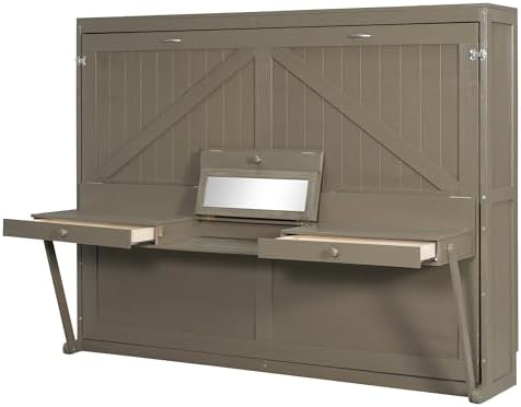 Merax Queen Size Murphy Bed with Desk,Distressed Gray