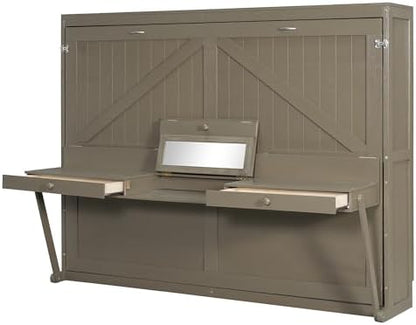 Merax Queen Size Murphy Bed with Desk,Distressed Gray
