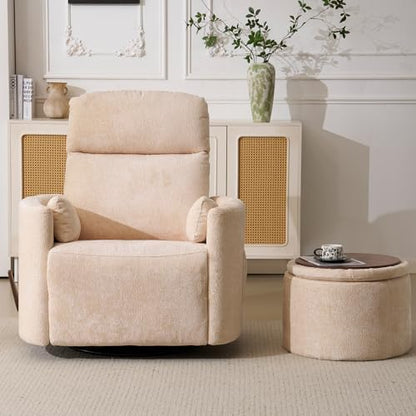 Oversized Swivel Rocker Recliner Chair with Massage and Heat, Manual Swivel Glider Rocker Recliner with 2 Bolster Pillows, Rocking Nursery Chair with Storage Ottoman , Adjustable Headrest, Beige