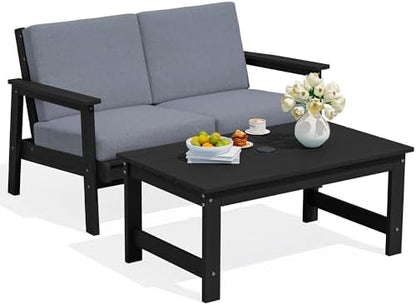 SERWALL Outdoor Loveseat with Coffee Table, HDPE Patio Furniture Set