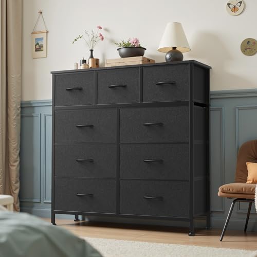OLIXIS 9 Drawer Fabric Dresser for Bedroom, Black Chest of Drawer Organizer