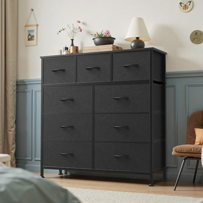 OLIXIS 9 Drawer Fabric Dresser for Bedroom, Black Chest of Drawer Organizer