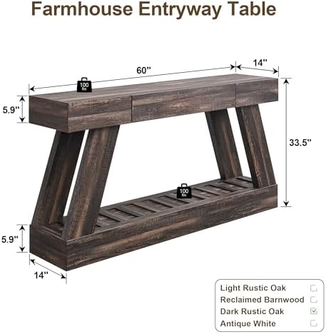 60" Farmhouse Entryway Table, Entry Table with Drawer, Wooden Hallway Foyer Table with Heavy Duty Base, Narrow Long Wood Sofa Table for Living Room, Console Table for Entryway(Dark Rustic Oak)