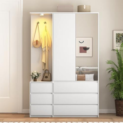 White Wardrobe Closet with Mirror and LED Light, Armoire Wardrobe with 6 Drawers, Hanging Rod, Open Shelves, Freestanding Bedroom Storage Cabinet