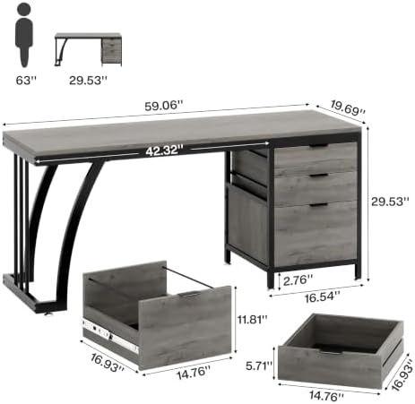 Tribesigns Computer Desk with 3 Drawers, 59-Inch PC Desk with Reversible Drawers, Industrial Study Writing Table Workstation with File Storage for Home Office (Grey)