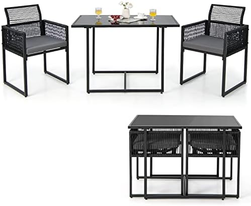 Tangkula 3 Pieces Outdoor Dining Set, Patio PE Rattan Furniture Set with Folding Backrest, Cozy Seat Cushions, Tempered Glass Tabletop, Space-Saving Rattan Chair Table Set for Backyard, Poolside