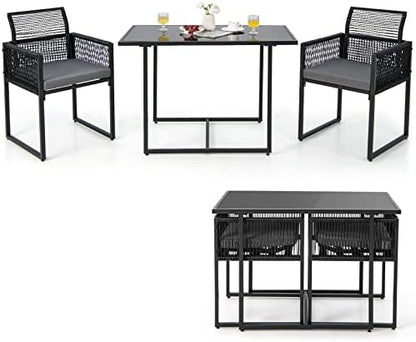 Tangkula 3 Pieces Outdoor Dining Set, Patio PE Rattan Furniture Set with Folding Backrest, Cozy Seat Cushions, Tempered Glass Tabletop, Space-Saving Rattan Chair Table Set for Backyard, Poolside