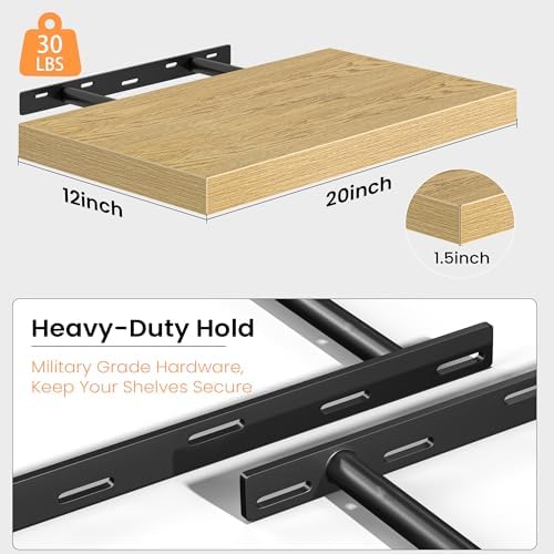 Floating Shelves Set of 3, 12 Inch Deep Floating Shelves with Heavy Duty Brackets, 20'' Rustic Wood Wall Mounted Shelf for Bathroom, Bedroom, Living Room & Kitchen, Modern Home Decor Storage, Oak