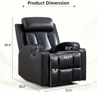 HAOMARKETS Premium PU Leather Manual Recliner Chair for Adults, Overstuffed Recliners with Cup Holders and Padded Backrest, Single Heavy Duty Reclining Sofa for Living Room Bedroom, Black