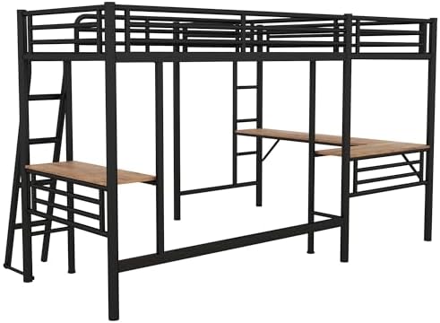 Twin Size Metal Loft Bed with Built-in Desk and Safety Guardrails, Black