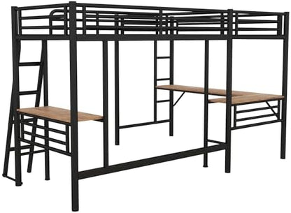 Twin Size Metal Loft Bed with Built-in Desk and Safety Guardrails, Black
