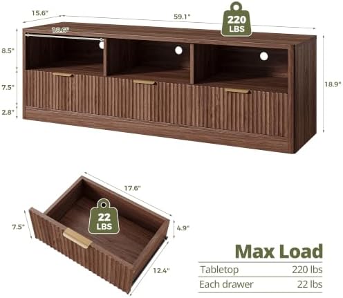 IRONCK 59" Fluted TV Stand for TVs Up to 65", Walnut
