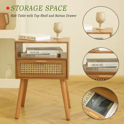 MaxSmeo Mid Century Modern Nightstand with Drawer, Small Nightstand Bedside Table, Rattan Nightstand, Wood End Table for Bedroom, Living Room (Brown)