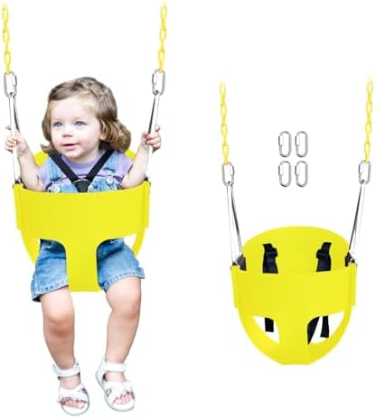 High Back Full Bucket Toddler Swing Seat with 3- Point Adjustable Safety Harness, 66 inch Detachable Chain,Suitable for Babies Aged 6-24 Months，Baby Swing for Swingset (Yellow)