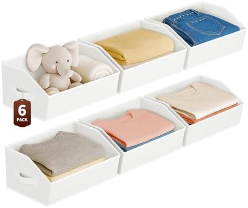 Large Closet Organizers and Storage Bins - 6 Pack Trapezoid Storage Baskets for Shelves, Foldable Fabric Baskets with Handles Ideal for Closet, Basket, Wardrobe and Shelf Storage, White