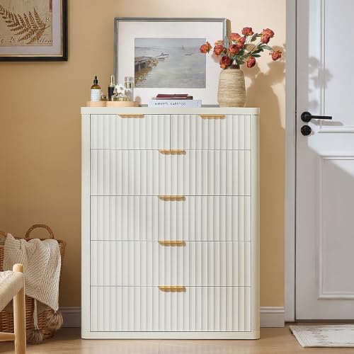 LEYAOYAO Fluted 6 Drawers Dresser for Bedroom Set of 2, 42" Tall Modern Chest of Drawers with Metal Handle, Curved Profile Design,Wood Drawer Organizer for Bedroom, Living Room,Antique White