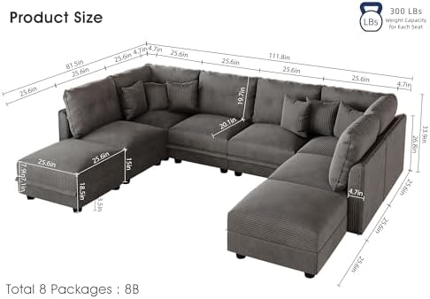 LLappuil 112" Modular Sectional Sofa with Storage, U Shaped 8-Seat Pet-Friendly Corduroy Couch with 8 Throw Pillows, Convertible Sofa Set for Living Room & Apartment, Scratch Resistant, Grey