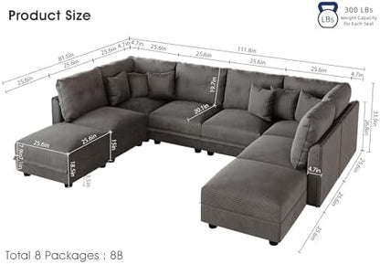 LLappuil 112" Modular Sectional Sofa with Storage, U Shaped 8-Seat Pet-Friendly Corduroy Couch with 8 Throw Pillows, Convertible Sofa Set for Living Room & Apartment, Scratch Resistant, Grey