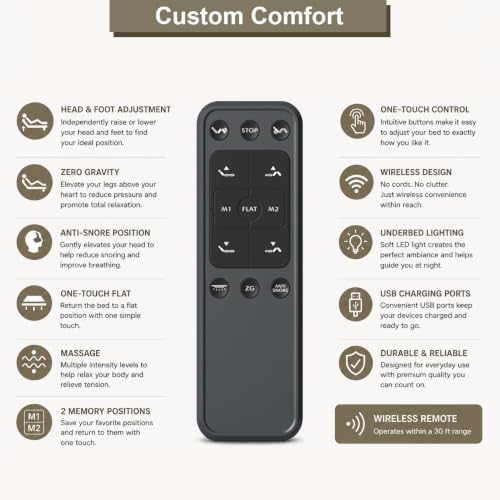 Irvine Home Collection Twin XL Adjustable Bed Base with 14 Inch Prime Gel Memory Foam Sleep System - Dual Massage - USB Ports - Zero Gravity - Underbed Light - Wireless Remote - Zero Clearance