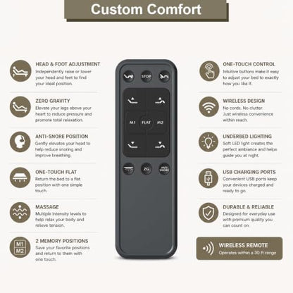 Irvine Home Collection Twin XL Adjustable Bed Base with 14 Inch Prime Gel Memory Foam Sleep System - Dual Massage - USB Ports - Zero Gravity - Underbed Light - Wireless Remote - Zero Clearance