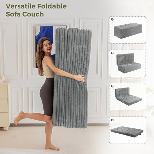 MAXYOYO Folding Sofa Couch Bed, 6 Inch Tri-Fold Floor Sofa Bed, Folding Mattress with Handles, Soft Faux Fur Folding Bed with Supportive Foam Filling, Portable Couch for Living Room, Full, Grey