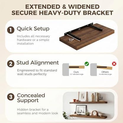 Deep Floating Shelves, 32W x 12D Walnut Wall Shelves, 32 Long Rustic Wood Wide Storage Shelves for Bedroom, Kitchen, Farmhouse, Laundry Room, Bedroom, Kitchen, Home Office- Set of 3
