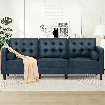 84" Suede Leather Sofa with 2 Soft Pillows, Blue