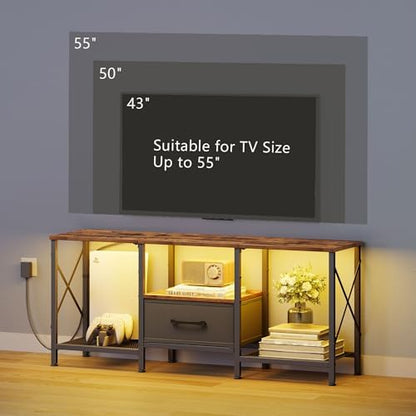 JARHETUN LED TV Stand with Fabric Drawer, Entertainment Center for 50 55 Inch TV, Industrial TV Console Table with Open Storage Shelves for Living Room, Bedroom, Rustic Brown