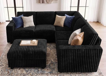 HONBAY Corduroy Sectional Sofa with Ottoman, 6 Seat L Shaped Couch, Black