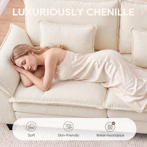 IPKIG 154" Modular Sectional Sofa, Chenille U-Shaped Sectional Couch Comfy Upholstered 4-Seat Sofa with 2 Ottoman, 4 Lumbar Pillow, Deep Seat Cloud Couch Sofa for Living Room, Beige White