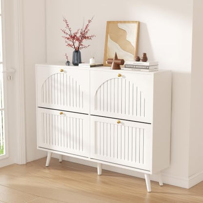 Fluted Shoe Cabinet for Entryway, 4 flip Drawers, White