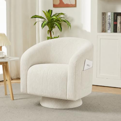An off-white ribbed fabric swivel armchair with a side pocket, set in a bright, modern living room next to a side table and a potted plant.