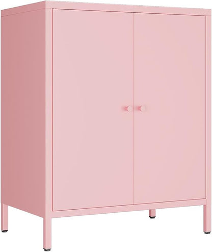 2 Door Metal Accent Storage Cabinet for Home, Living Room,Office Room,Kitchen-Metal Locker Cabinet with 1 Adjustable Shelves-2-Tier (Small 2 Door Cabinet, Pink)