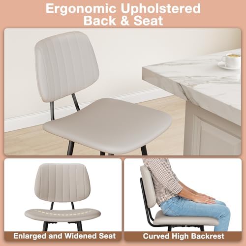 Raynesys 24-Inch Leather Bar Stools Set of 2 with High Backrest, Beige
