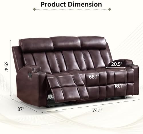 HAOMARKETS Premium Pu Leather Manual Recliner Sofa, Overstuffed 3-Seater Couch with Cup Holders and Padded Backrests, Heavy Duty Reclining Couches for Living Room, Dark Brown