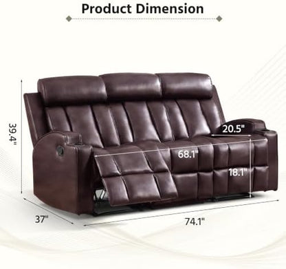 HAOMARKETS Premium Pu Leather Manual Recliner Sofa, Overstuffed 3-Seater Couch with Cup Holders and Padded Backrests, Heavy Duty Reclining Couches for Living Room, Dark Brown