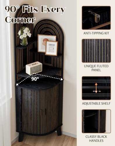 Small Corner Cabinet with Sliding Door and Storage, Tall Corner Bathroom Cabinet for Kitchen, Living Room, Corner Shelf Display Storage Cabinet, Black
