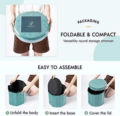 Phantoscope Storage Ottoman Round15 Inch, Velvet Folding Storage Boxes Footrest Foot Ottoman Toy Box, Padded Seat for Dorm Living Room Bedroom, Support 220lbs Coffee