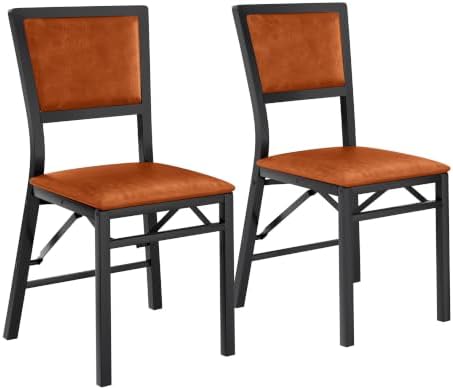 VECELO Folding Dining Chairs Set of 2, Metal Padded Foldable Seating with Comfortable Faux Leather, Space-Saving Portable Guest Seats for Kitchen & Office, No Assembly, Cognac Brown