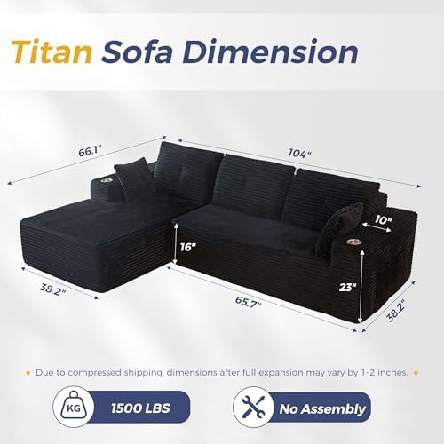 MAXYOYO Boneless Couch, 104" L-Shape Sectional Sofa, Left-Facing Chaise