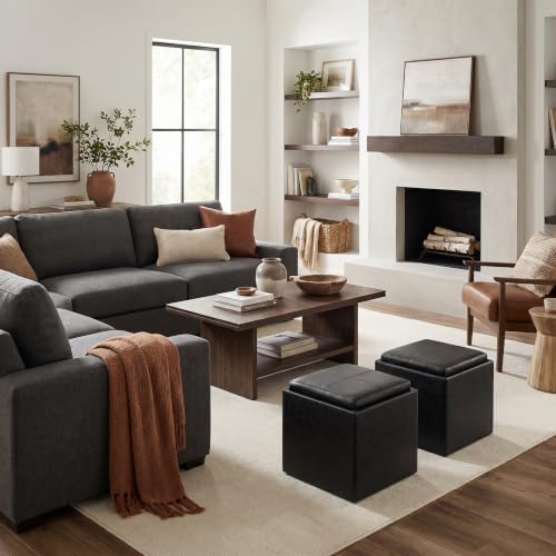 SIMPLIHOME Rockwood 17" Vegan Leather Storage Ottoman in Distressed Black