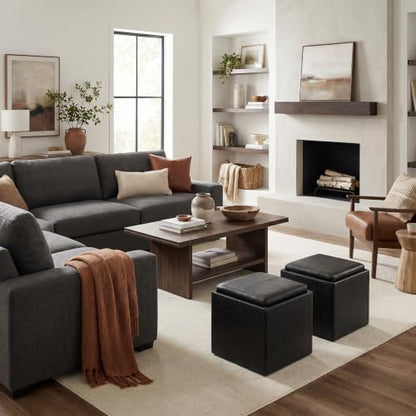 SIMPLIHOME Rockwood 17" Vegan Leather Storage Ottoman in Distressed Black