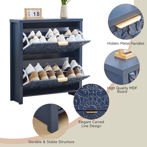 Shoe Cabinet Set of 2, 2-Tier Flip-Drawer Storage for Entryway (Blue, 2)