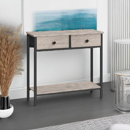 HOOBRO 29.5" Narrow Console Table with 2 Fabric Drawers, Small Entryway Table with 2-Tier Storage Shelves, Sofa Table, Behind Couch Table, for Living Room, Hallway, Greige and Black BG71XG01