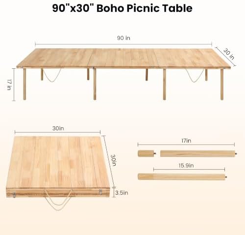 90" x 30" Boho Low Picnic Table, Comfortably Seats 7–9 People Together