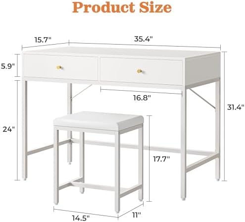SUPERJARE 35.4" White Desk with 2 Drawers, Modern Makeup Vanity