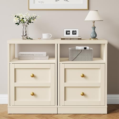RoyalCraft Beige Nightstand Set of 2, Small End Table with Storage Shelf and Door, Faux Two-Drawer Design Side Table, Modern Night Stand for Bedroom Dorm, Wood Beside Table for Small Spaces